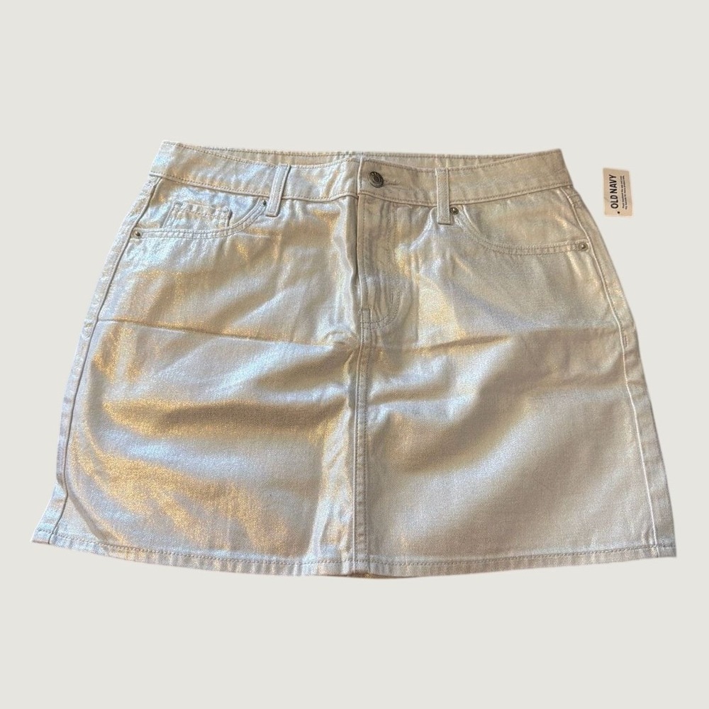 Old Navy Womens Metallic Silver Denim Mini Skirt Mid-Rise Size 8 Shiny Foil NWT